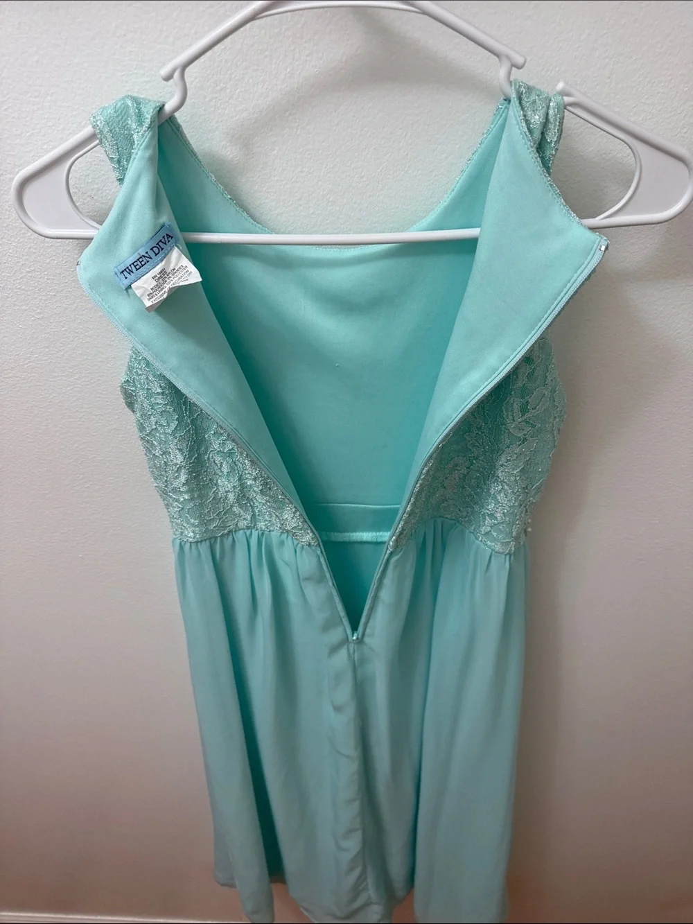 Tween Dive Girls' Aqua Lace Chiffon Gown with Beaded Waistband